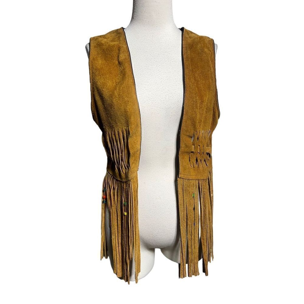 Vintage Hand Sewn 70's Hippie Suede Leather Fringed Beaded Vest Unisex Medium